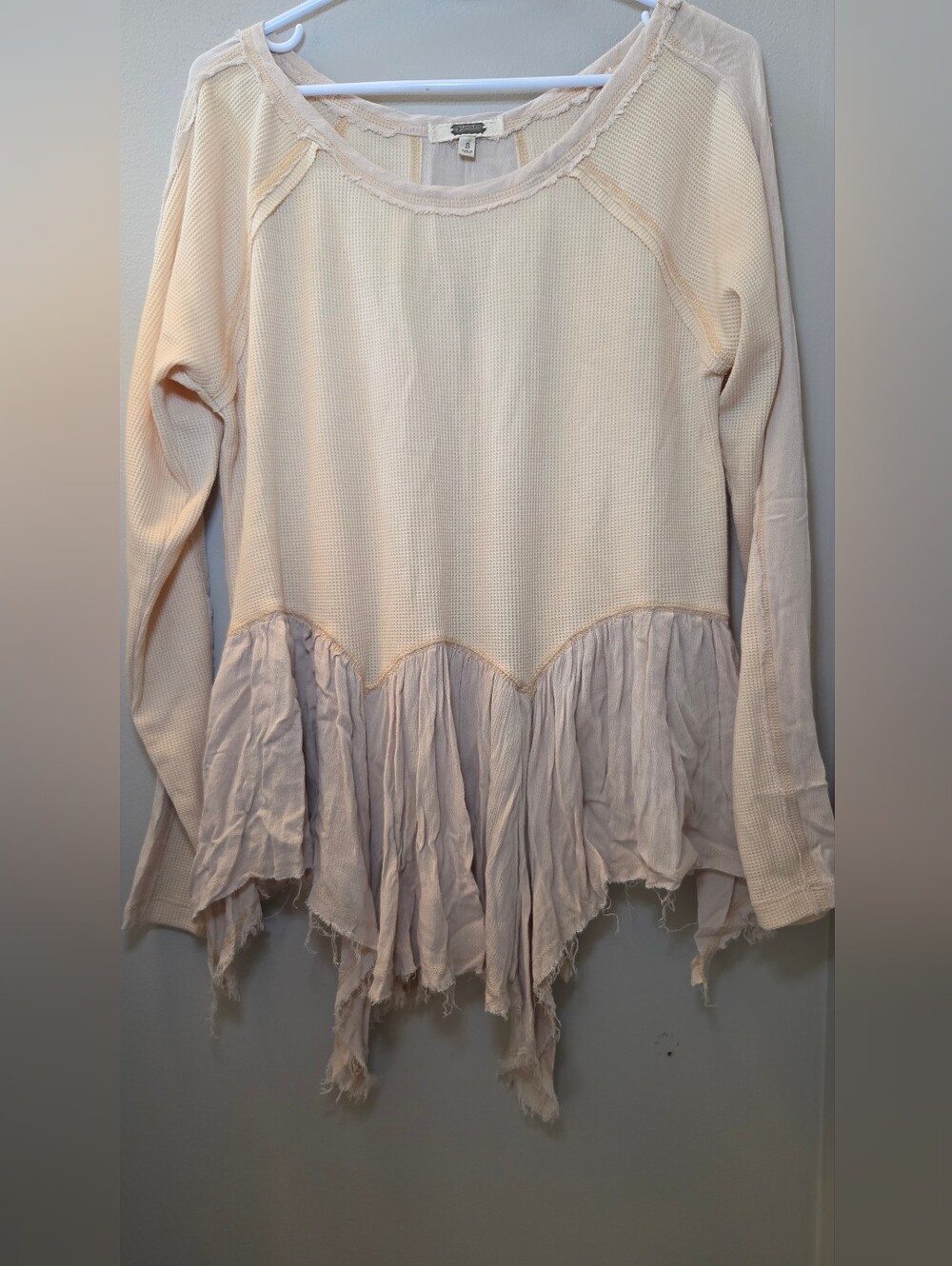 Distressed Peplum Waffle Knit Top in Cream Small